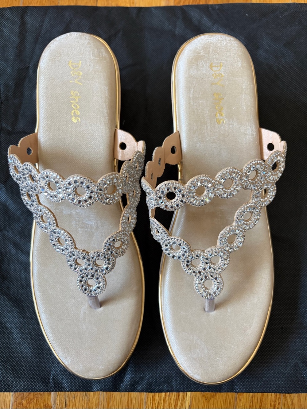 Women's Embellished Taupe Rhinestone Thong Wedge Sandals -